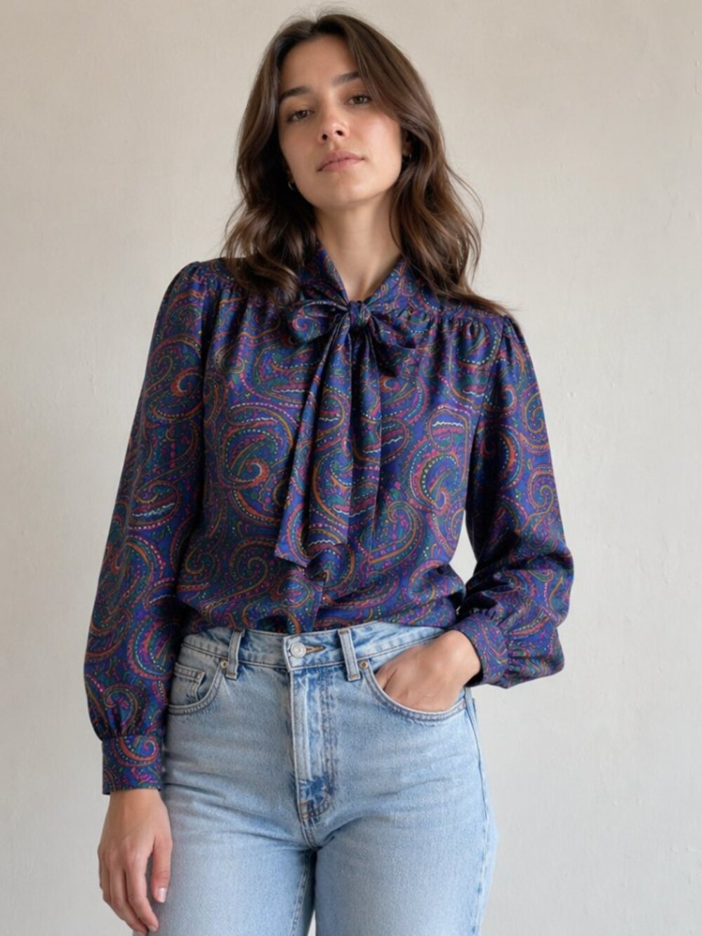 Vintage Laura & Jayne Women’s Paisley Bow Tie Lightweight Blouse Sz P10 - Picture 7 of 12